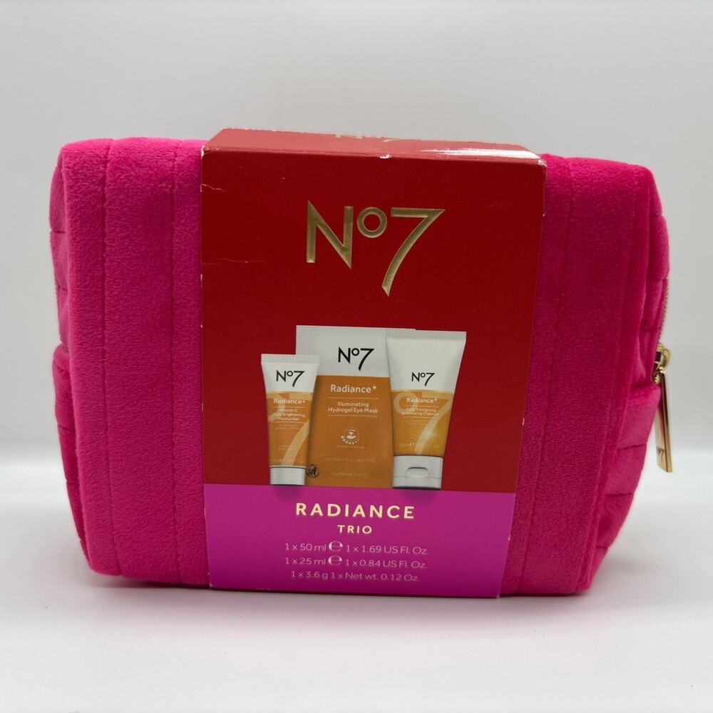 No 7 Radiance Trio + Pink Velvet Travel Pouch Cleanser Moisturizer Eye Mask NEW!